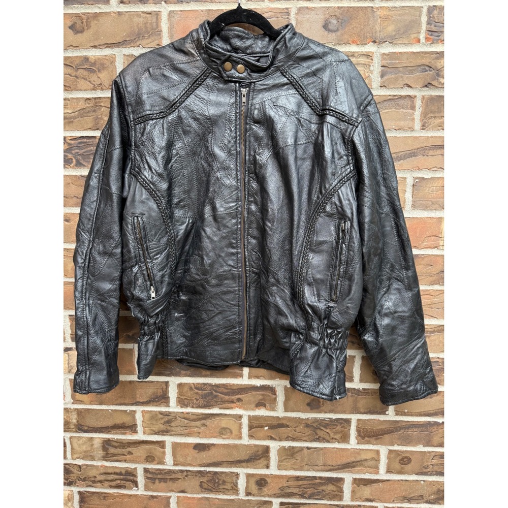Women's Black Leather Biker Jacket - Classic Zip Front